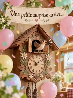 Un petit oiseau sculpté sort d'une horloge à coucou traditionnelle en bois, entourée de ballons pastel et de quelques confettis qui tombent. Texte : « Une petite surprise arrive... ».