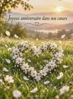 Cœur de petites fleurs blanches sur l'herbe verte, éclairé par le soleil du matin, avec de la rosée et des pétales qui tombent. Texte : « Joyeux anniversaire dans nos cœurs ».