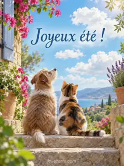 Un petit terrier au poil ébouriffé et un chat tricolore sont assis côte à côte sur une marche de jardin, les yeux levés vers les nuages blancs du ciel d'été. Texte : « Joyeux été ! ».