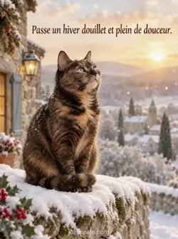 Chat écaille de tortue assis sur un muret de pierre couvert de neige, la queue enroulée autour des pattes. Il observe les flocons dans la lumière dorée de l'après-midi. Texte : « Passe un hiver douillet et plein de douceur. »