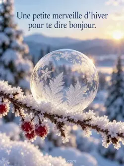 Bulle gelée posée sur une brindille enneigée, ornée de fins cristaux de glace qui scintillent au soleil, sur un fond bleu profond. Texte : « Une petite merveille d’hiver pour te dire bonjour. ».
