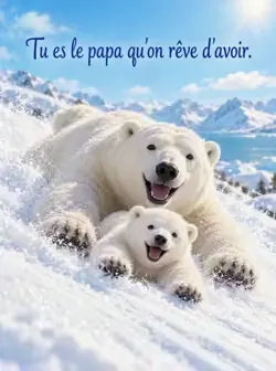 Un grand ours polaire et son ourson glissent sur le ventre le long d'une pente enneigée, souriants, sous un ciel bleu clair. De la poudreuse s'envole autour d'eux. Texte : « Tu es le papa qu'on rêve d'avoir. »