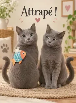 Deux chats gris identiques assis côte à côte sur un fond neutre chaleureux. L'un porte un poisson en papier entre les épaules et prend un air innocent ; l'autre lui lance un regard entendu. Texte : « Attrapé ! »