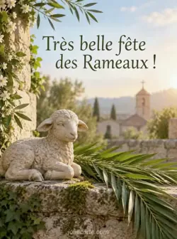Petit agneau sculpté en pierre sur un rebord de pierre couvert de mousse, à côté de branches de palmier, dans une lumière matinale chaude. Texte : « Très belle fête des Rameaux ! »