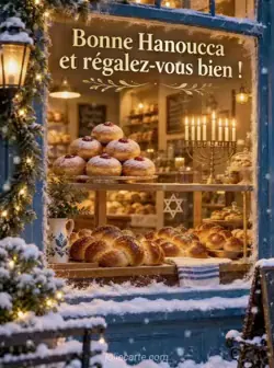 Vitrine de boulangerie bordée de givre, garnie de beignets dorés sucrés et de pains tressés, avec une petite étoile à six branches sur la vitre. La lumière éclaire la neige du soir. Texte : « Bonne Hanoucca et régalez-vous bien ! »
