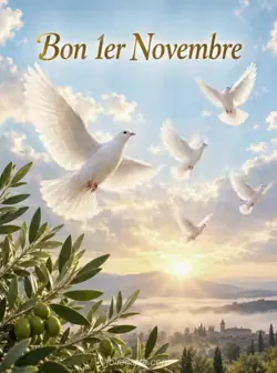 Colombes blanches prenant leur envol dans un ciel matinal aux nuages pâles traversés de lumière, avec des rameaux d'olivier dans un coin inférieur. Texte : « Bon 1er Novembre ».
