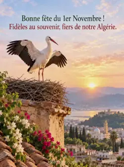 Cigogne blanche dans son nid sur un toit de terre cuite, ailes entrouvertes au soleil levant, devant des collines vertes et un ciel rose et bleu pâle. Texte : « Bonne fête du 1er Novembre ! Fidèles au souvenir, fiers de notre Algérie. »