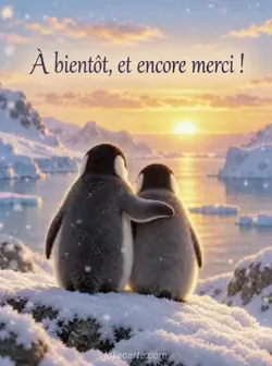 Deux petits pingouins sur un rebord enneigé face au soleil levant, l'un passant son aile autour de l'autre, sous quelques flocons. Texte : « À bientôt, et encore merci ! »