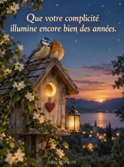 Deux petits oiseaux perchés côte à côte sur le toit d’un nichoir au crépuscule. Un cœur pend près de l’entrée éclairée, sous un ciel bleu étoilé. Texte : « Que votre complicité illumine encore bien des années. ».