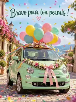 Petite voiture vert menthe décorée de ballons sur le toit, de rubans et d'une guirlande sur le capot, sous des confettis dans une rue ensoleillée. Texte : « Bravo pour ton permis ! »