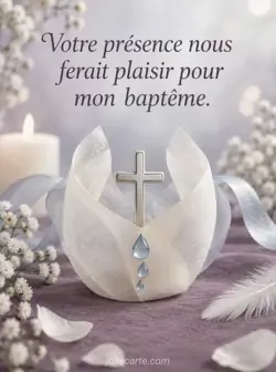 Petite croix argentée dans un croissant ouvert de papier vélin translucide, avec trois gouttes baptismales bleues en relief à l’avant, sur fond prune sous une lumière nacrée. Texte : « Votre présence nous ferait plaisir pour mon baptême. »