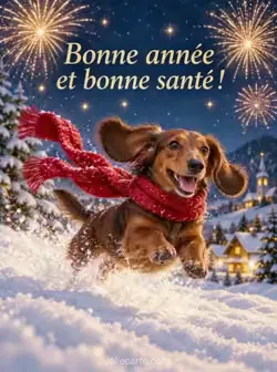 Un teckel bondit dans la neige fraîche, les oreilles et une longue écharpe rouge volant derrière lui. Des feux d'artifice dorés éclatent dans le ciel bleu nuit. Texte : « Bonne année et bonne santé ! »