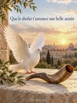 Colombe blanche se posant, les ailes en train de se replier, près d'un shofar en corne de bélier sur une table en pierre claire à l'aube. Texte : « Que le shofar t'annonce une belle année ».