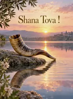 Chofar en corne de bélier posé sur une pierre au bord d'un lac à l'aube, son reflet dans l'eau sous un ciel rose et doré. Texte : « Shana Tova ! »