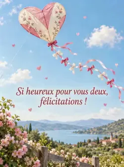 Cerf-volant en forme de cœur ivoire et rose dans un ciel clair parsemé de petits nuages, avec une longue traîne de nœuds au vent. Texte : « Si heureux pour vous deux, félicitations ! »