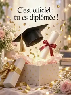 Boîte cadeau ouverte garnie de papier de soie, d'où s'élèvent une toque et un diplôme roulé, entourés d'étincelles dorées dans une lumière festive. Texte : « C'est officiel : tu es diplômée ! »