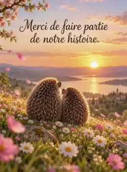 Deux petits hérissons assis côte à côte sur une colline fleurie regardent un coucher de soleil doré. Les pétales bougent dans la brise. Texte : « Merci de faire partie de notre histoire. »