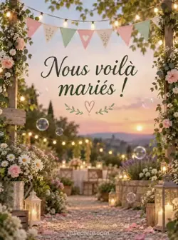 Fanions triangulaires ivoire, roses et vert menthe entre deux poteaux fleuris dans un jardin, avec des bulles dans la lumière du soir. Texte : « Nous voilà mariés ! ».