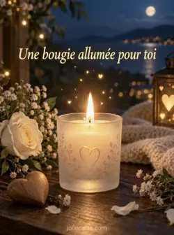 Bougie blanche allumée dans un photophore en verre dépoli, sur une table en bois sombre. De petites lueurs montent dans la nuit. Texte : « Une bougie allumée pour toi ».