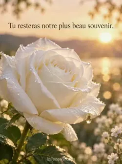 Gros plan d'une rose blanche épanouie avec une goutte de rosée sur un pétale, devant un arrière-plan de lumières dorées floues. Texte : « Tu resteras notre plus beau souvenir. »