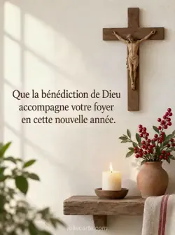 Crucifix en bois sur un mur blanchi, au-dessus d'une étagère portant une bougie allumée et des baies rouges dans un vase en terre. Texte : « Que la bénédiction de Dieu accompagne votre foyer en cette nouvelle année. »