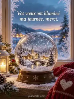 Boule à neige sur un rebord de fenêtre givrée, contenant un village enneigé aux fenêtres lumineuses. La lumière dorée contraste avec le bleu hivernal extérieur. Texte : « Vos vœux ont illuminé ma journée, merci. »