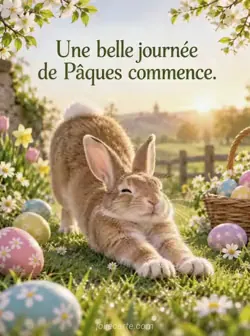 Lapin étirant ses pattes avant dans l'herbe couverte de rosée, près d'œufs décorés éclairés par les premiers rayons dorés du soleil. Texte : « Une belle journée de Pâques commence. »