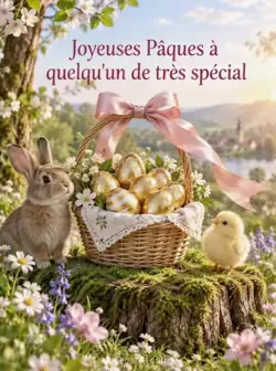 Un panier rempli d'œufs en chocolat dorés, orné d'un grand ruban de satin soulevé par la brise, repose sur une souche moussue parmi des fleurs sauvages au soleil. Texte : « Joyeuses Pâques à quelqu'un de très spécial ».