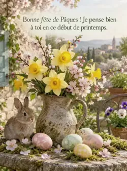 Cruche rustique en pierre contenant des narcisses et des branches de cerisier fleuries sur une table de jardin moussue, avec des œufs peints à sa base et de la rosée sur les pétales. Texte : « Bonne fête de Pâques ! Je pense bien à toi en ce début de printemps. »