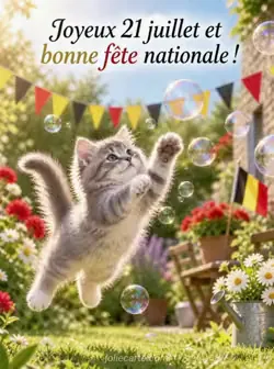Chaton gris bondissant vers des bulles de savon irisées dans un jardin ensoleillé, avec des fanions colorés en arrière-plan. Texte : « Joyeux 21 juillet et bonne fête nationale ! ».