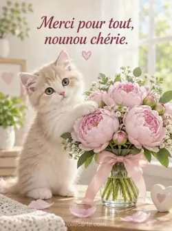 Chaton crème posant une patte sur un bouquet fourni de pivoines rose pâle dans un vase en verre, éclairé par une fenêtre. Texte : « Merci pour tout, nounou chérie. ».