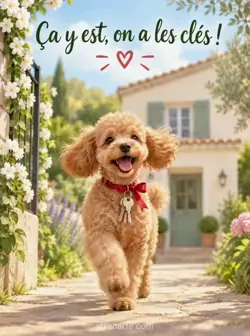 Un caniche nain abricot trottine vers une maison crème sur une allée de jardin. Des clés attachées par un ruban rouge pendent à son collier. Texte : « Ça y est, on a les clés ! ».