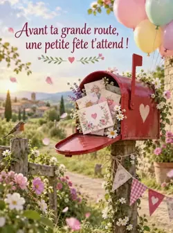 Boîte aux lettres rouge débordant de cartes d'invitation fleuries, avec des ballons pastel, des fanions et des pétales dans le vent. Texte : « Avant ta grande route, une petite fête t'attend ! ».
