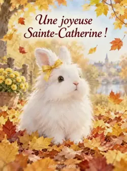 Aquarelle d'un lapin angora blanc assis parmi des feuilles d'automne dorées, un nœud jaune à l'oreille. Texte : « Une joyeuse Sainte-Catherine ! ».