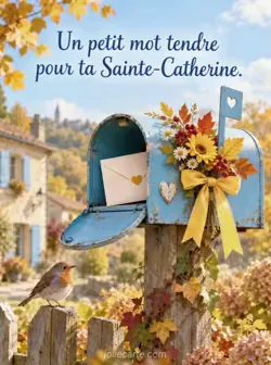 Illustration d'une boîte aux lettres rétro bleu ciel sur un poteau en bois, décorée de feuilles dorées et d'un ruban jaune, avec une enveloppe qui dépasse. Texte : « Un petit mot tendre pour ta Sainte-Catherine. ».