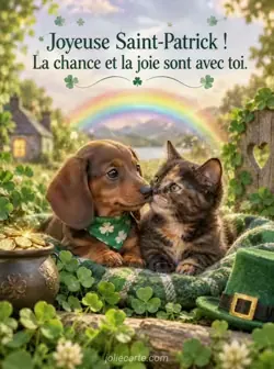 Un chiot teckel et un chaton écaille de tortue, museau contre museau sous un petit arc-en-ciel lumineux, parmi des trèfles et des étincelles. Texte : « Joyeuse Saint-Patrick ! La chance et la joie sont avec toi. ».