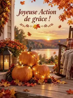 Petite pyramide de citrouilles orange entourée d’une guirlande lumineuse sur un porche en bois, avec des feuilles d’automne qui tombent. Texte : « Joyeuse Action de grâce ! ».