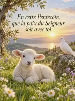 Agneau blanc couché dans une prairie fleurie à la lumière dorée, près d'une colombe blanche perchée sur une pierre. Texte : « En cette Pentecôte, que la paix du Seigneur soit avec toi ».