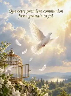 Colombe blanche prenant son envol depuis une petite cage ouverte vers une vive lumière dorée au-dessus d'elle. Quelques plumes flottent dans l'air. Texte : « Que cette première communion fasse grandir ta foi. »