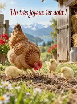 Poule rousse grattant le sol d'une ferme de montagne, entourée de trois poussins jaunes dont un en plein saut. Une grange et du foin se devinent au soleil. Texte : « Un très joyeux 1er août ! »