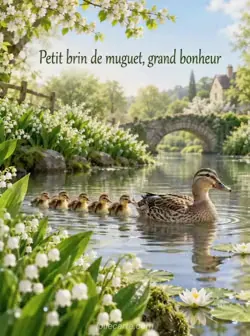 Une cane traverse un étang calme suivie d'une file de petits canetons. Du muguet fleurit sur les berges. Texte : « Petit brin de muguet, grand bonheur ».