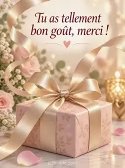 Un ruban de satin champagne dessine des boucles dans les airs et se noue sur une boîte cadeau rose poudré, sur un fond chaleureux. Texte : « Tu as tellement bon goût, merci ! ».