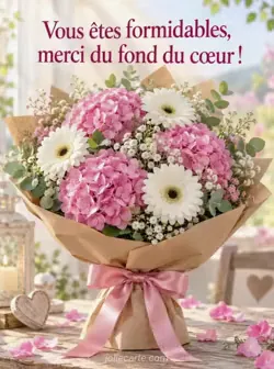 Bouquet d'hortensias roses et de gerberas blancs dans du papier kraft, noué d'un ruban satiné, sous une lumière matinale. Texte : « Vous êtes formidables, merci du fond du cœur ! ».