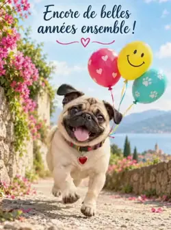 Carlin trottant joyeusement, les oreilles au vent, avec trois ballons colorés attachés à son collier sur un fond lumineux. Texte : « Encore de belles années ensemble ! ».