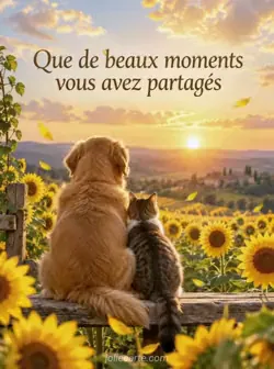 Un champ de tournesols s'incline vers un soleil doré ; quelques pétales flottent dans la brise. Texte : « Que de beaux moments vous avez partagés ».