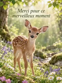 Un jeune faon dans une clairière parsemée de fleurs sauvages, éclairée par le soleil à travers les feuilles, tourne doucement les oreilles. Texte : « Merci pour ce merveilleux moment ».