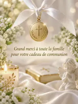 Médaille ronde dorée gravée d'une petite croix, suspendue à un ruban de satin blanc devant un tissu de soie pâle. Texte : « Grand merci à toute la famille pour votre cadeau de communion ».