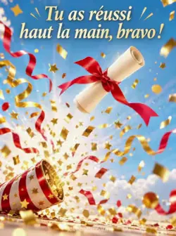 Un canon à confettis couché projette un diplôme noué d'un ruban rouge dans une explosion de serpentins et de confettis dorés, sur fond de lumière vive. Texte : « Tu as réussi haut la main, bravo ! »