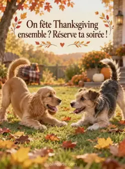 Un chiot épagneul doré et un jeune terrier au poil ébouriffé se font face en position de jeu sur une pelouse jonchée de feuilles ambrées. Texte : « On fête Thanksgiving ensemble ? Réserve ta soirée ! »