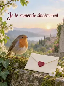 Un petit rouge-gorge est perché sur une pierre couverte de mousse, à côté d'une enveloppe crème ornée d'un petit cœur en cire rouge, dans la lumière douce du matin. Texte : « Je te remercie sincèrement ».